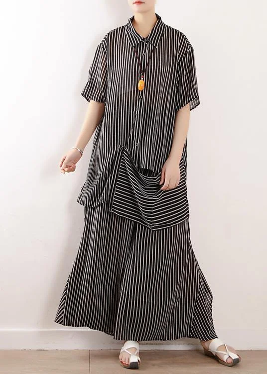 Amazing Prices You Can’t Resist!Original literary loose large size gray stripes were thin and irregular chiffon wide-leg pants two-piece suit