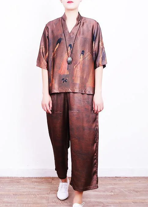 Get the Best for Less!Summer new brown print loose loose shirt + wide leg pants set