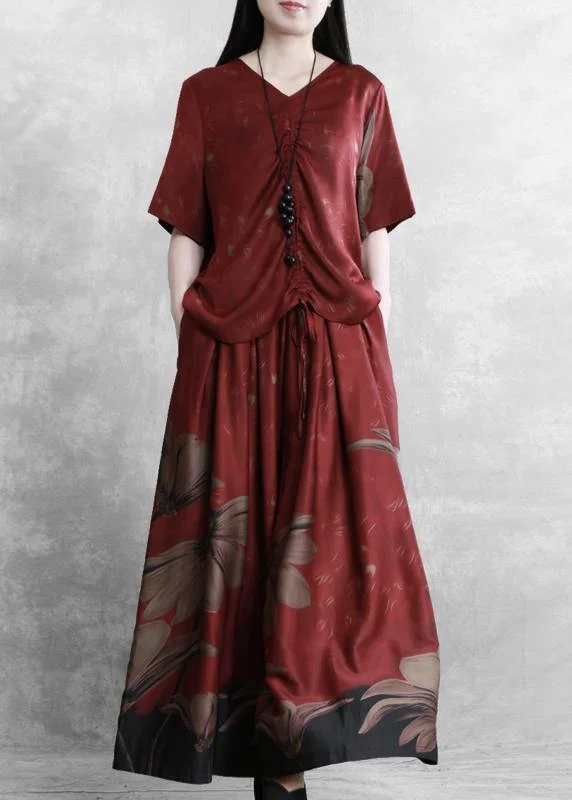 Save Like Never Before!Ethnic style female V-neck red large size was thin shirt + skirt pants