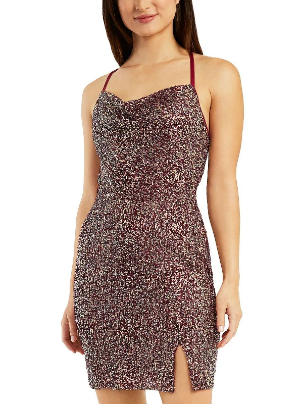 Upgrade for Less!Juniors Womens Sequined Cowl Neck Bodycon Dress