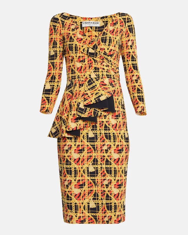 Limited Stock Available!Chain-Print Ruffle Bodycon Dress