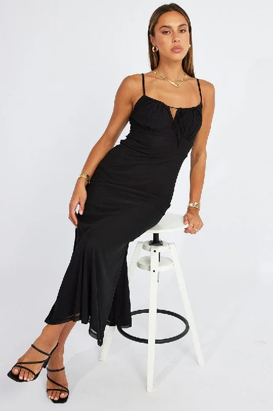 Black Midi Dress Gathered Bust Strappy Mesh