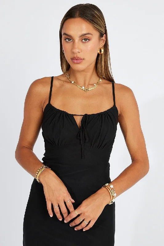 Black Midi Dress Gathered Bust Strappy Mesh