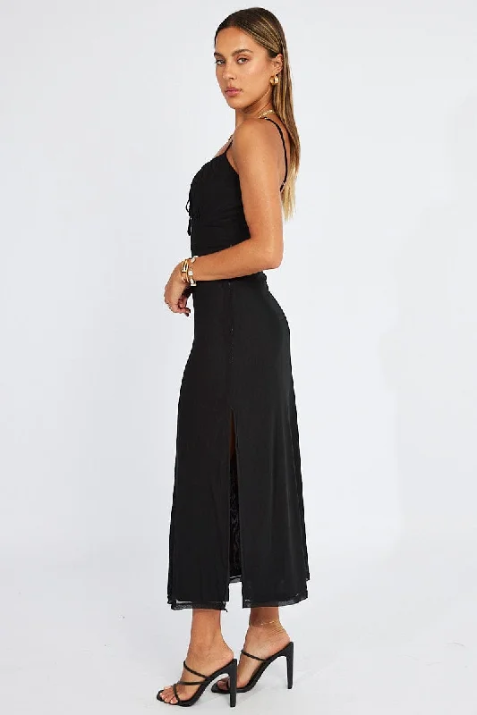 Black Midi Dress Gathered Bust Strappy Mesh