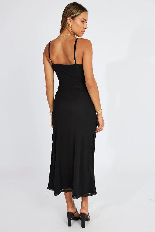 Black Midi Dress Gathered Bust Strappy Mesh