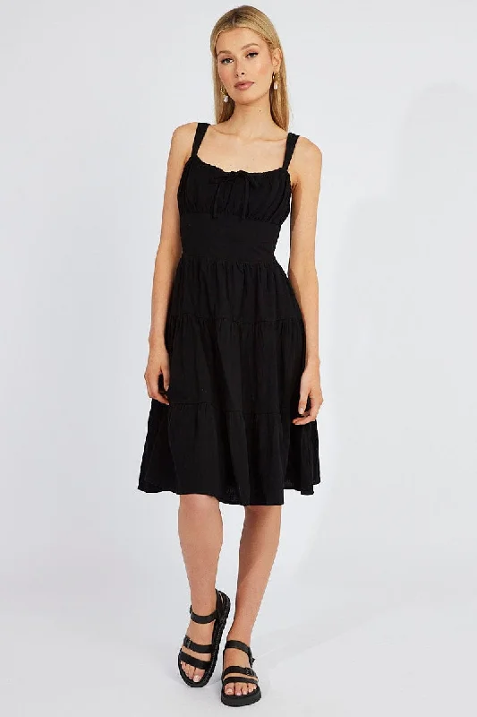 Black Midi Dress Strappy Tiered