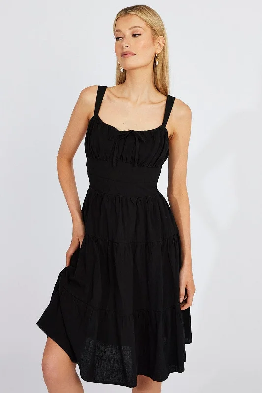 Black Midi Dress Strappy Tiered