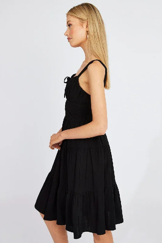 Black Midi Dress Strappy Tiered