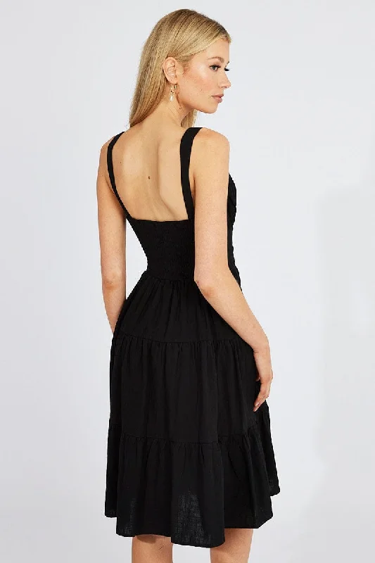 Black Midi Dress Strappy Tiered