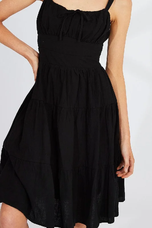 Black Midi Dress Strappy Tiered