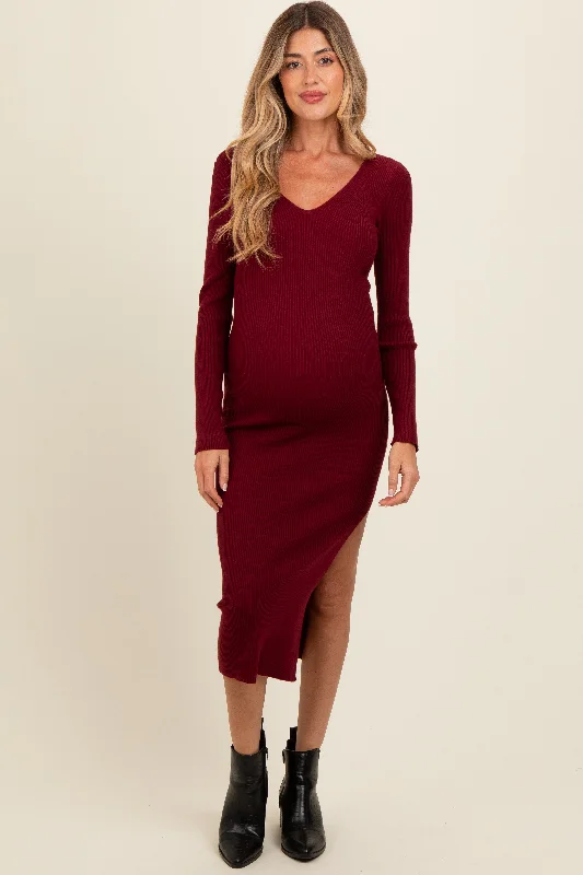 Burgundy Ribbed Knit Side Slit Maternity Midi Dress