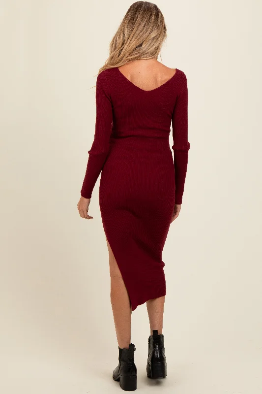 Burgundy Ribbed Knit Side Slit Maternity Midi Dress