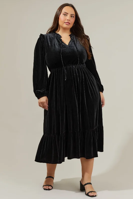 Charleston Ruffle Velvet Midi Dress Curve