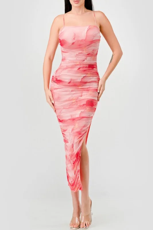 Dionne Sleeveless Abstract Print Mesh Midi Dress Rose