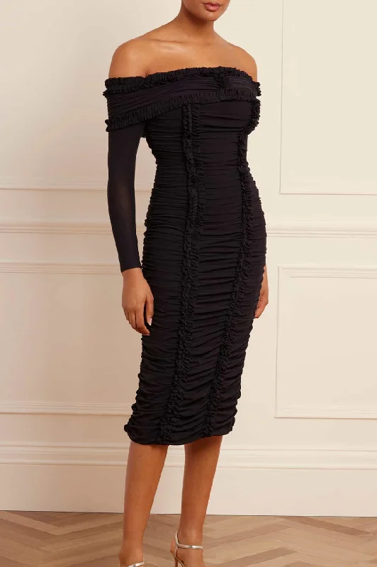 Ebony Rouched Off-Shoulder Ballerina Dress