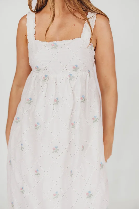 Lovelyn Empire-Waisted Midi Dress with Embroidered Flowers and Eyelet Details in White Multi Floral - Bump Friendly