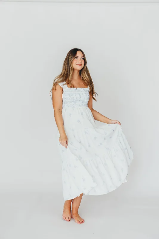 Hayden Midi Dress in White/Blue Floral