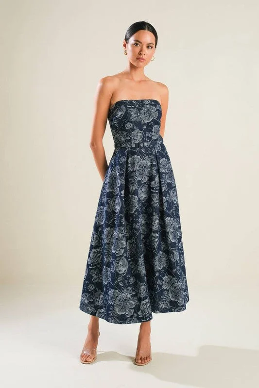 Waitlist 10/25 ♥ Florence Sleeveless Floral Print Belted Denim Midi Dress Blue