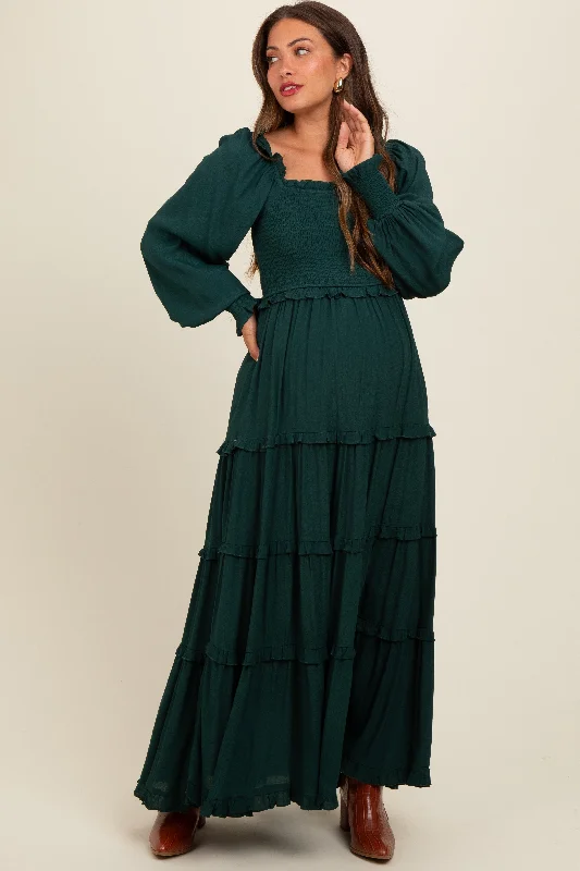 Forest Green Smocked Long Sleeve Ruffle Tiered Maternity Maxi Dress