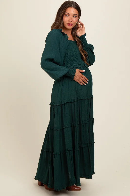 Forest Green Smocked Long Sleeve Ruffle Tiered Maternity Maxi Dress