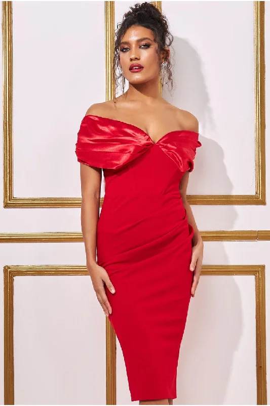 Goddiva Satin & Scuba Off The Shoulder Midi Dress - Red