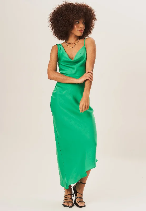 Green Cowl Neck Asymmetric Hem Midi Dress