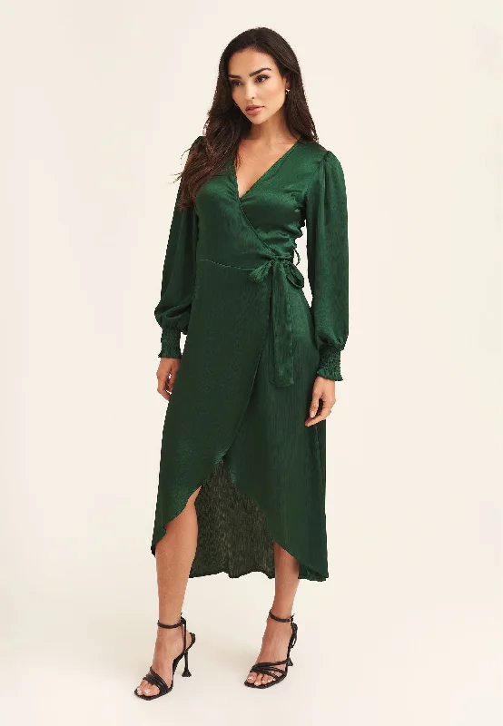 Green Satin Wrap Midi Dress