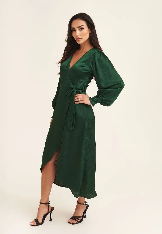 Green Satin Wrap Midi Dress