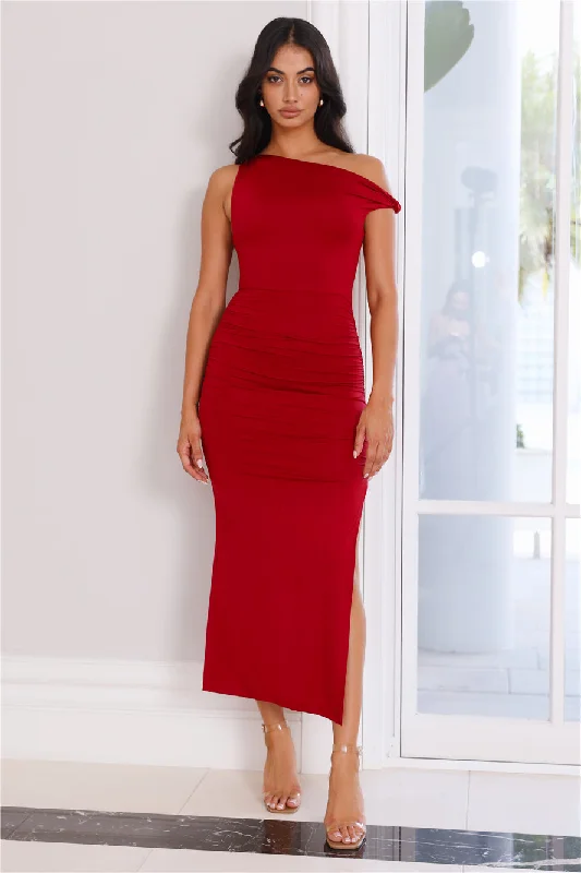 High Society Off Shoulder Midi Dress Red