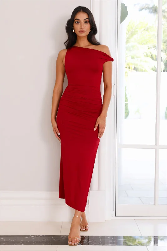 High Society Off Shoulder Midi Dress Red