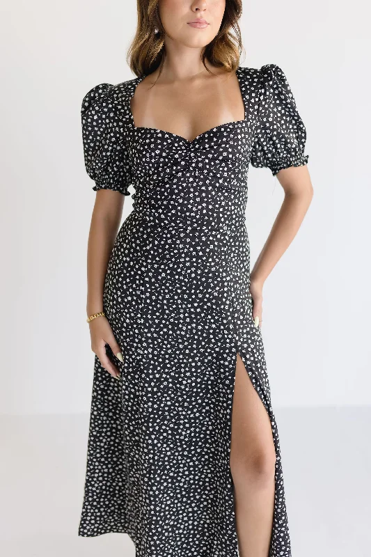 Indie Short Puff Sleeve Floral Print Midi Dress Black