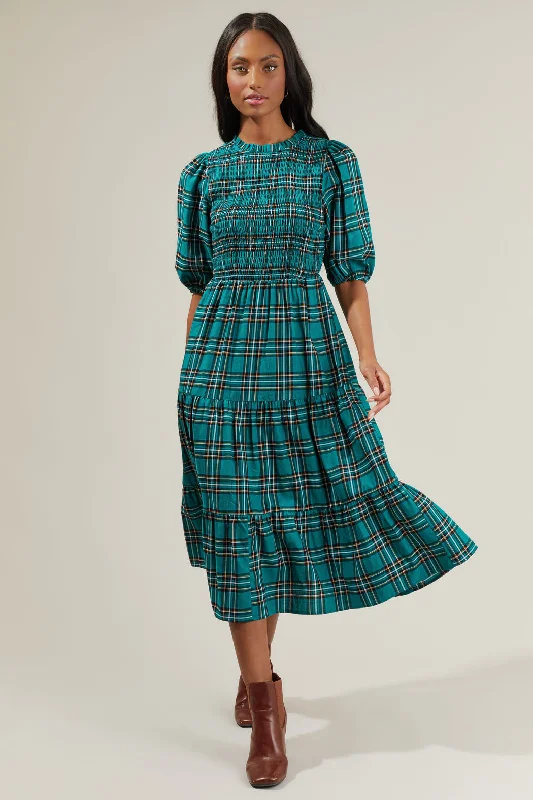 Melody Plaid Smocked Tiered Midi Dress