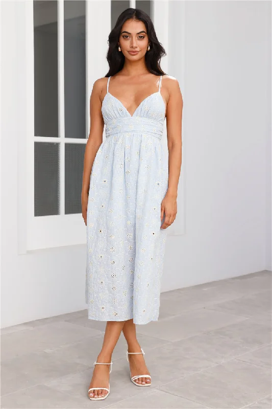 Pastel Paradise Embroidered Midi Dress Blue