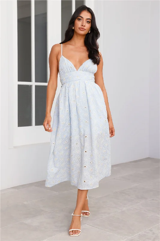 Pastel Paradise Embroidered Midi Dress Blue