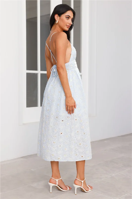 Pastel Paradise Embroidered Midi Dress Blue