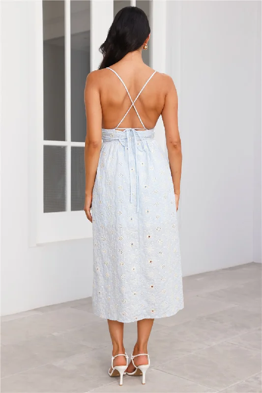 Pastel Paradise Embroidered Midi Dress Blue