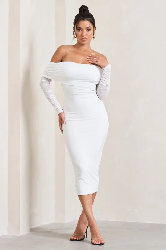 Only You | Ivory Ruched Mesh Bardot Midi Dress