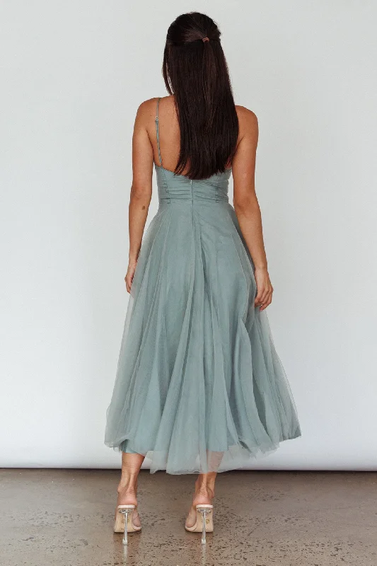 Smitten Lace Insert Tulle Midi Dress Sage