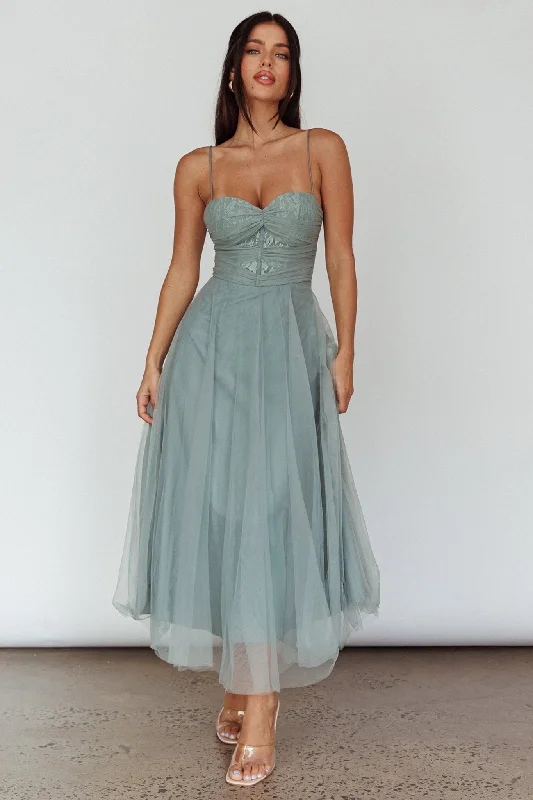 Smitten Lace Insert Tulle Midi Dress Sage