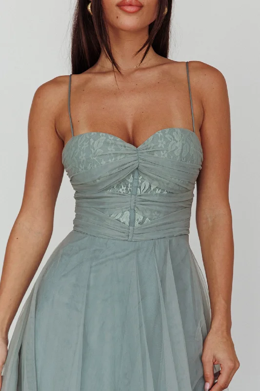 Smitten Lace Insert Tulle Midi Dress Sage