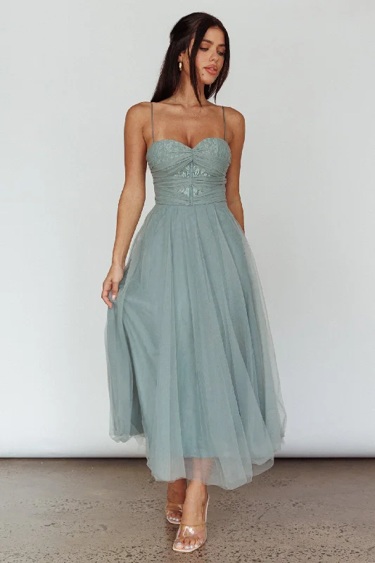 Smitten Lace Insert Tulle Midi Dress Sage