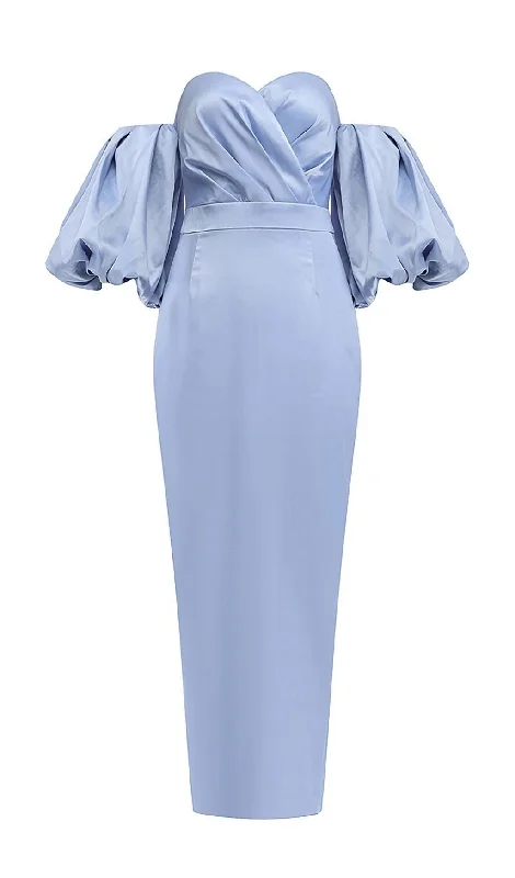 STRAPLESS PUFF SLEEVES MIDI DRESS IN BLUE