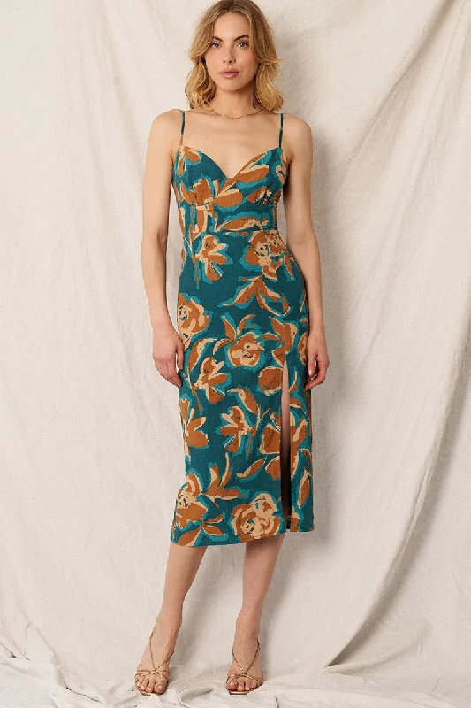 Waitlist 9/5 ♥ Tammy Sleeveless Tie Back Floral Print Midi Dress Teal