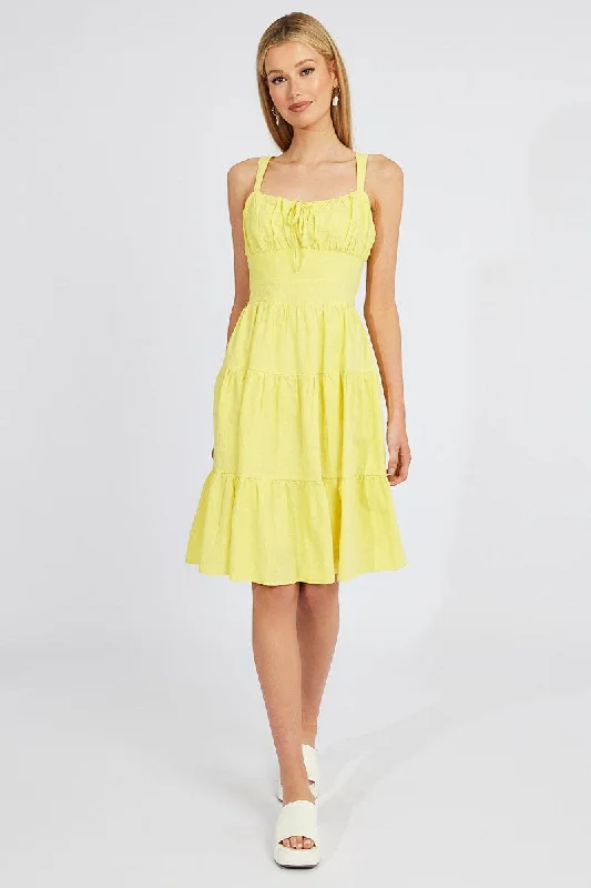 Yellow Midi Dress Strappy Tiered