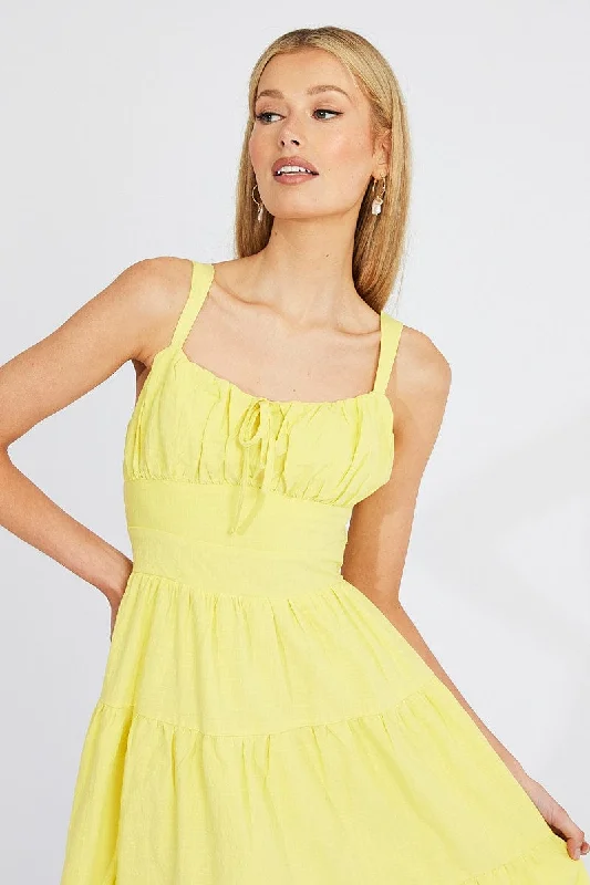 Yellow Midi Dress Strappy Tiered