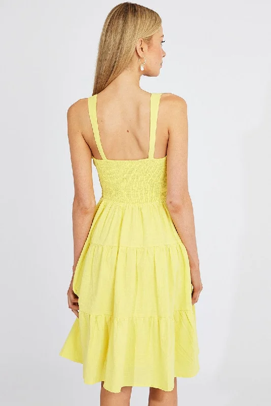 Yellow Midi Dress Strappy Tiered