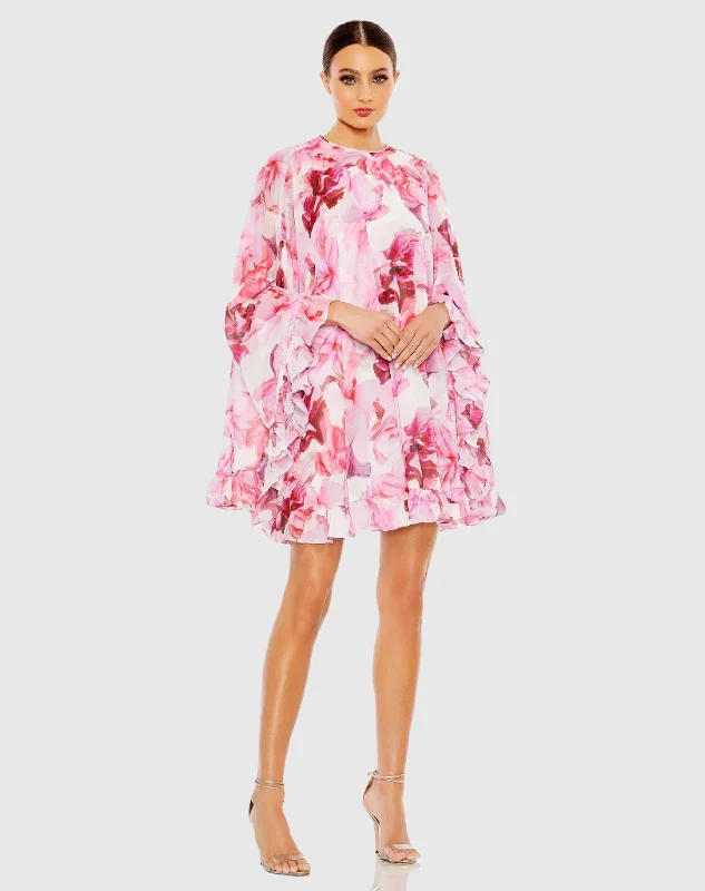 Floral Print High Neck Ruffle Hem Cape Mini Dress