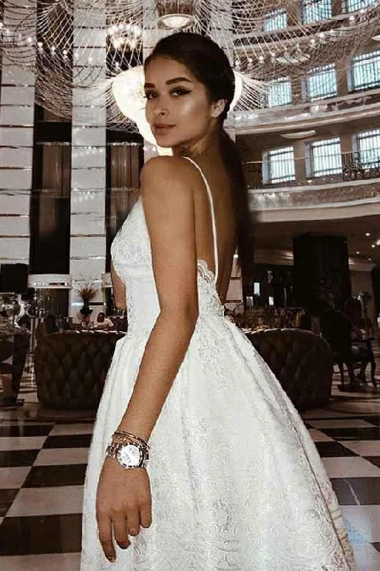 A-Line Straps Backless White Lace Homecoming Dress with Appliques PD209