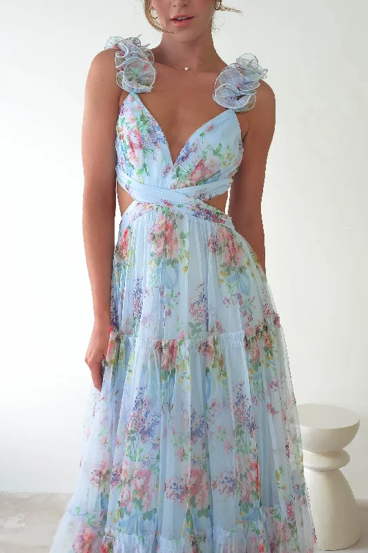 Alma Floral Print Tulle Maxi Dress | Blue