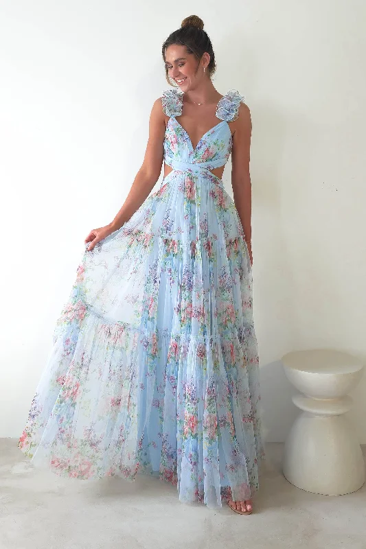 Alma Floral Print Tulle Maxi Dress | Blue